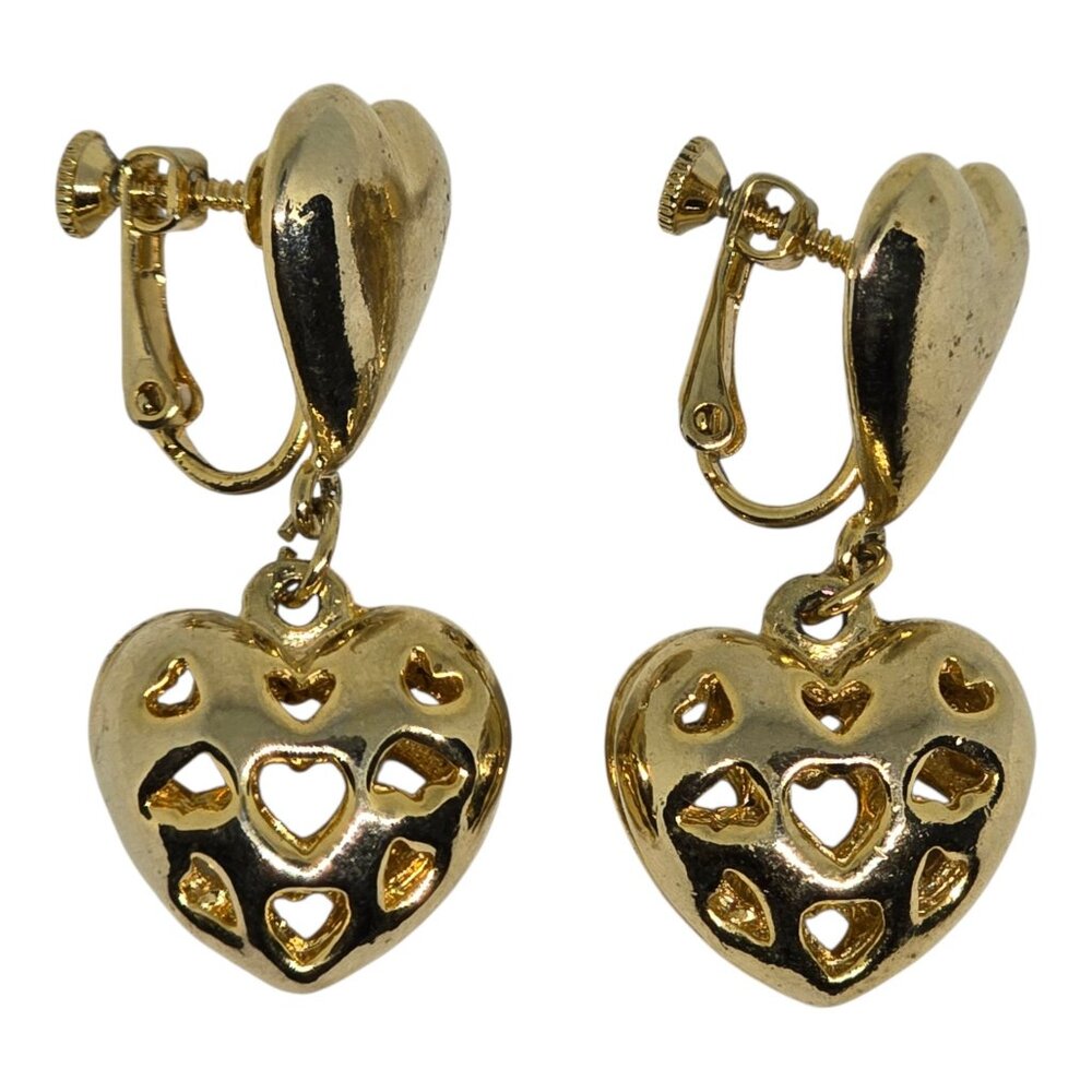 Vintage Gold-Tone Heart Dangling Clip-On Earrings With Openwork Design